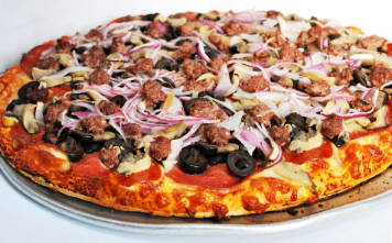 Classic Pizza with red onion, black olives, sausage, marinara and mozzarella.